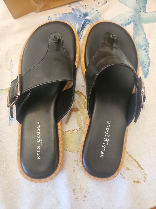 Kelsi Dagger Shoes - Kelsi Dagger Black Leather Cork-Trim Toe-Loop Slide Sandals